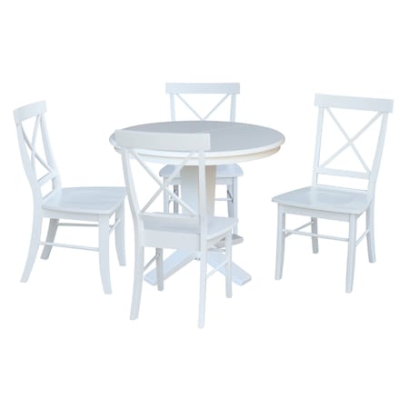 International Concepts 36 in. Solid Wood Round Extension Dining Table with 4 Dining Chairs in White K08-36RXT-23B-C613-4